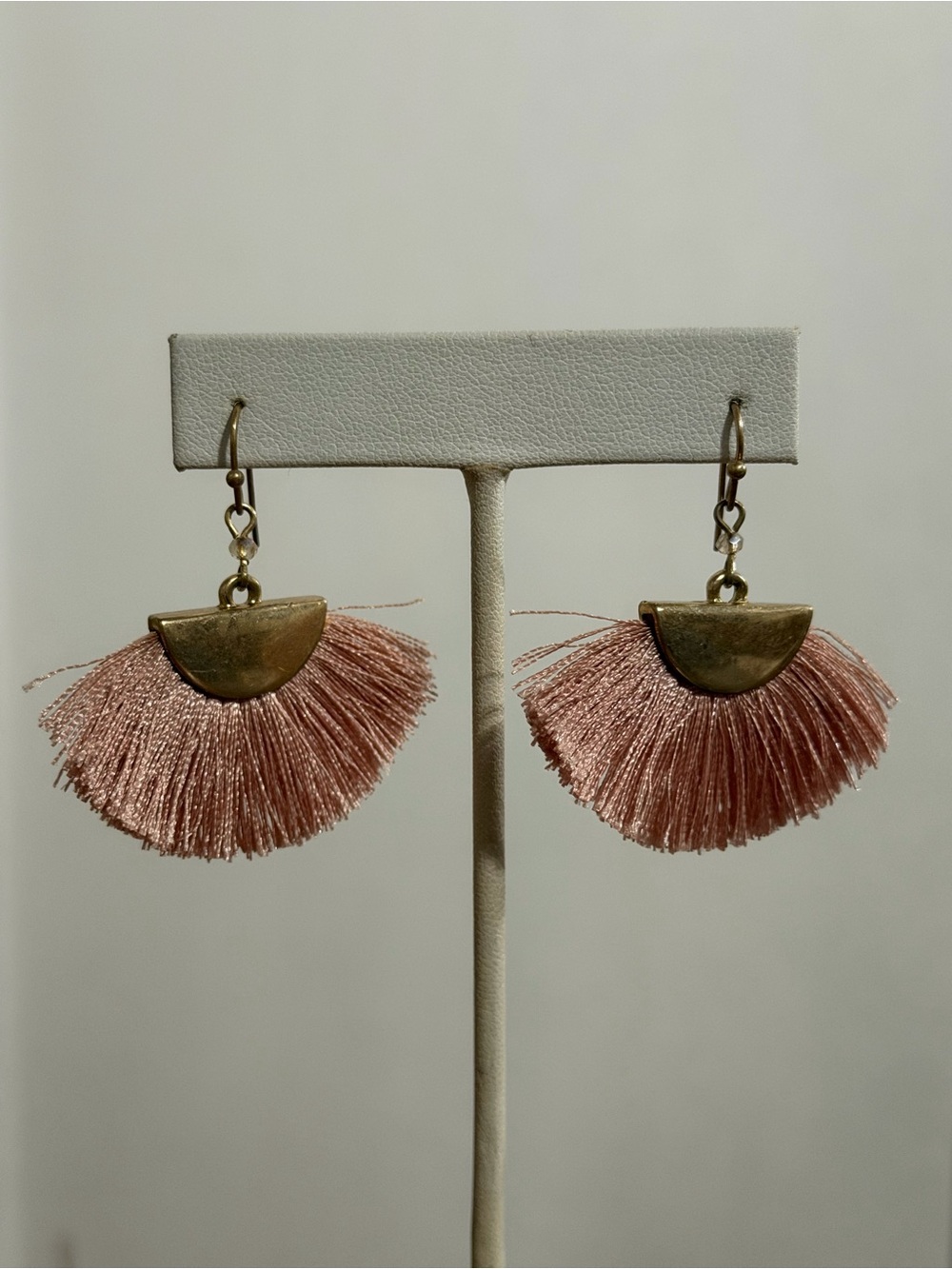 Pink Tassel Fan Earrings with Brass Accent